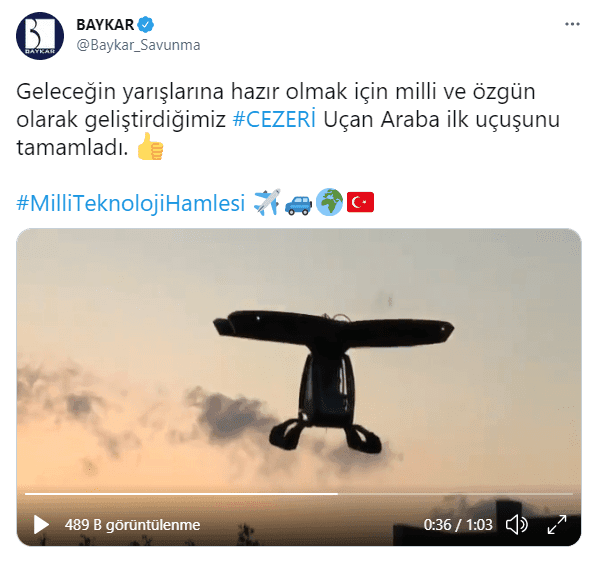 yerli ucan araba cezeri ilk ucus baykar bayraktar tweet